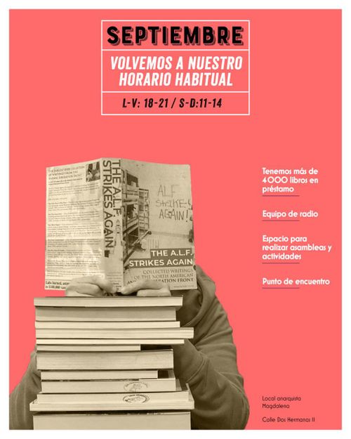 Horario de septiembre de la biblioteca del Local anarquista Magdalena