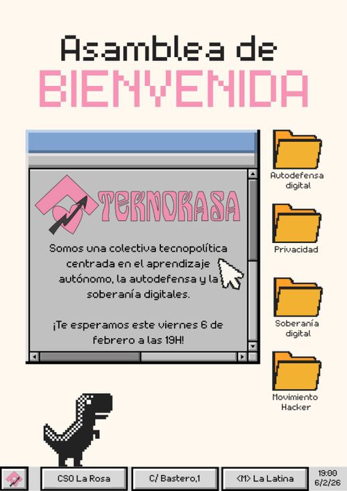 Asamblea de bienvenida de Teknokasa. Se muestra una pantalla de una compu con la descripción de la colectiva y carpetas de autodefensa digital, privacidad, soberanía digital y movimiento hacker. En la barra de menú inferior se ve la dirección del CSO la rosa y la fecha el 6/2/26 a las 19:00 horas