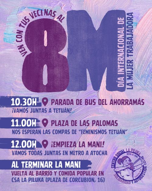 Ven con tus vecinas del Barrio del Pilar a la manifestación del 8M