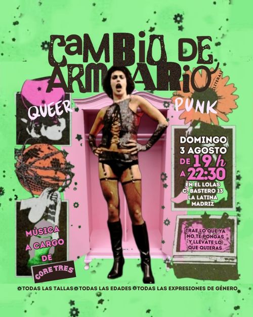 en el cartel se muestra al personaje principal de The Rocky Horror Picture Show saliendo de un armario rosa vintage con ilustraciones sucias y de colores vibrantes a los lados, con los textos indicativos por encima
