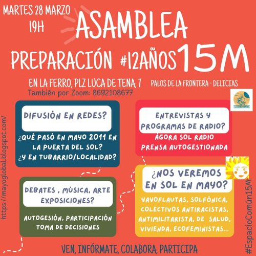 Preparación #12años15M Hacia mayo 2023 ¿Qué haremos? ¿Nos juntaremos en Sol? ¿Habrán acabado las obras? ¿debatiremos? ¿Qué pasa con la horizontalidad y la participación?
https://mayoglobal.blogspot.com/