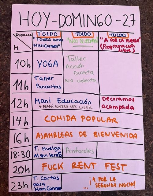 Cartiluna en rotu por las compas de la acamapada con las actividades programadas para este domingo. Están descritas en la descripción del evento