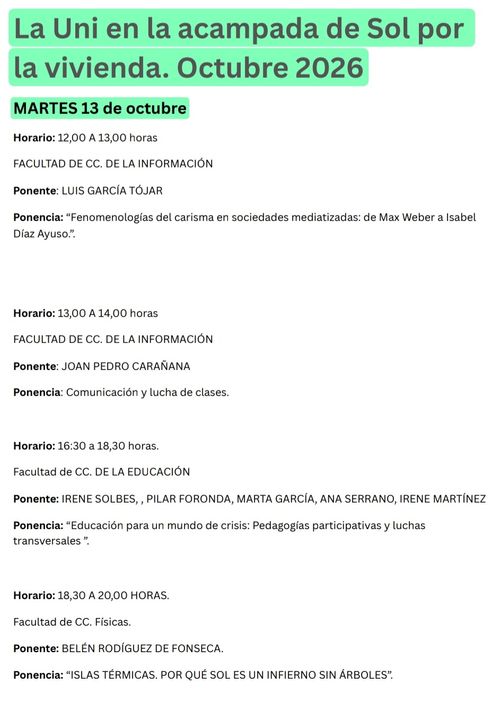 La Uni en la acampada de Sol por la vivienda. Octubre 2026 Lúnes 12