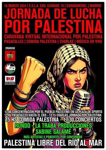Cartel informativo con ilustración de una mujer con su palestino cogiendo un micrófono y levantando el puño