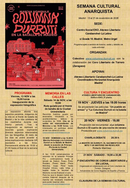 Semana Cultural Anarquista. Proyección “Un pueblo en armas” y “La Columna Durruti en la batalla de Madrid”.
