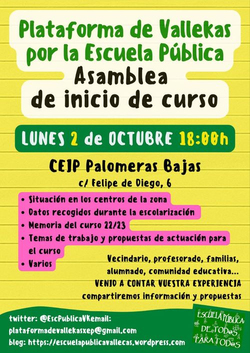 Asamblea de inicio de curso - Plataforma de Vallekas por la Escuela Pública