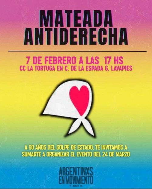Cartel con un degradado de colores y en el centro el pañuelo de la memoria, verdad y justicia argentino con un corazón